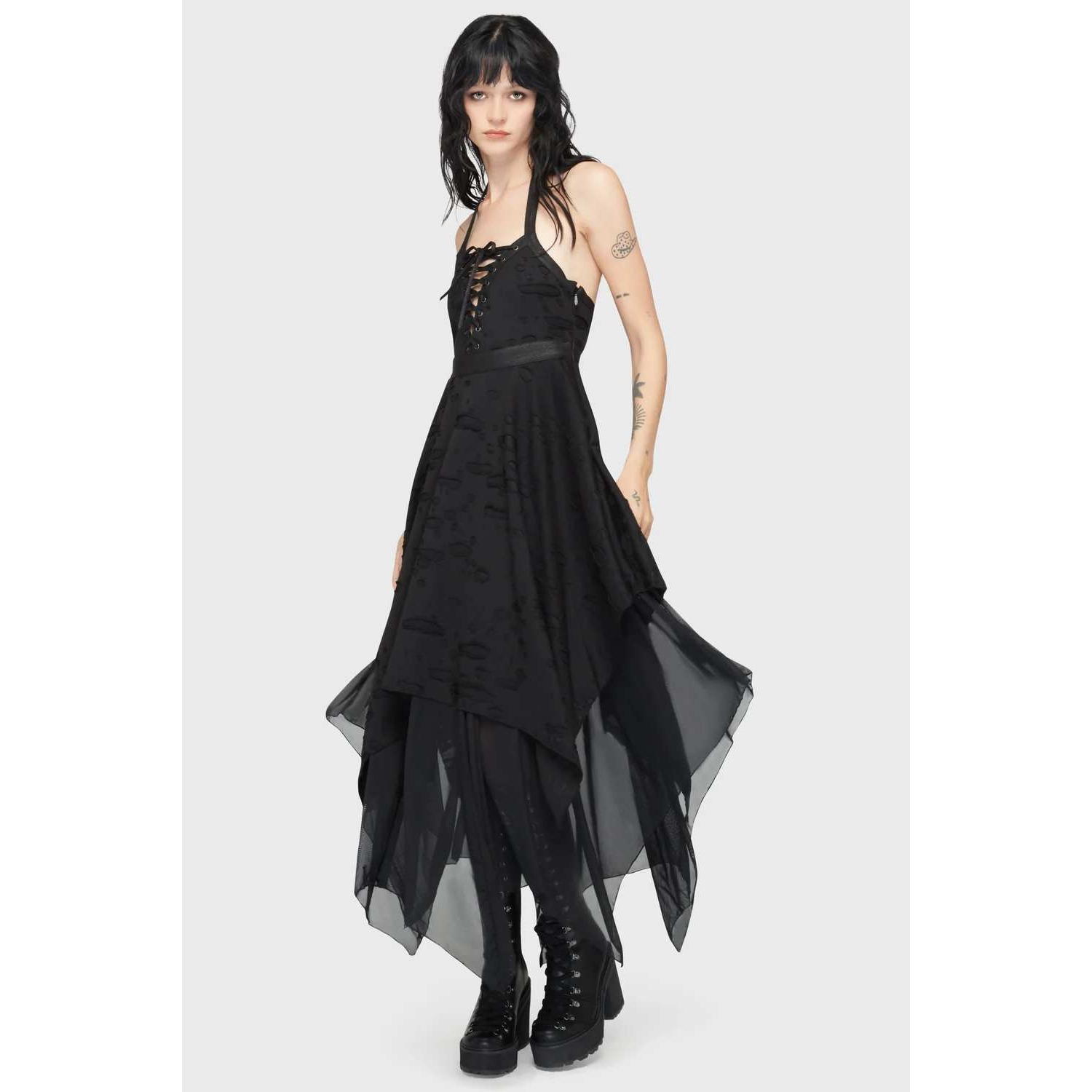 Killstar Badlands Midi Dress Distressed Mesh Laceup